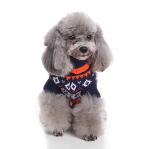 Detailed view of the classic retro pet sweater with warm turtleneck and geometric pattern for dogs.