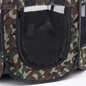 Detail view of the foldable pet tent mesh door and zipper, durable camo outdoor pet playpen.