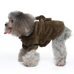 Detailed side view of a brown plush pet bathrobe on a small poodle dog for dog pajamas.