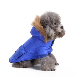 Detailed side view of a warm blue dog winter jacket with faux fur hood for small pets