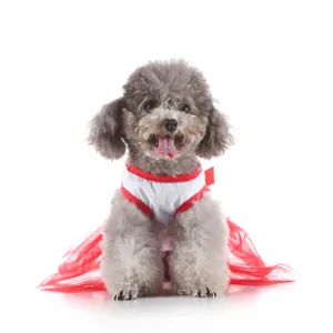Cute pet summer dress featuring red mesh skirt and white top, comfortable dog apparel detail.