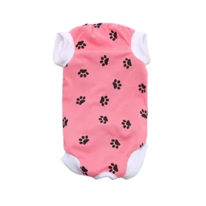 Pink paw print pet recovery suit for dogs, soft breathable cotton dog surgery onesie.