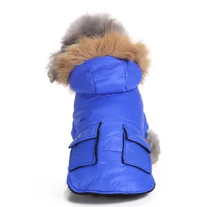 Back view of blue hooded puffer dog jacket with brown faux fur trim and pockets