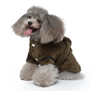 Detailed view of soft brown plush bathrobe for dogs featuring a cozy hotel-style design