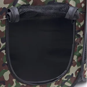 Close-up detail of camouflage pet tent mesh door and zipper, breathable and durable fabric.