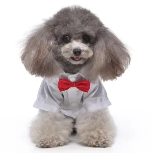 Elegant gentleman style white pet formal shirt featuring a red striped bowtie for dogs