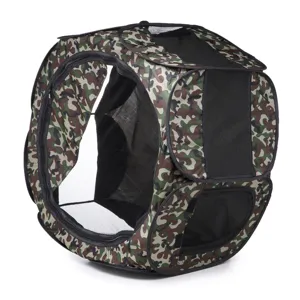 Foldable camo pet playpen detail featuring breathable mesh windows and secure zipper design.