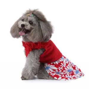Jolie robe d'été pour chien et chat, jupe rouge respirante à fleurs avec volants mignons.