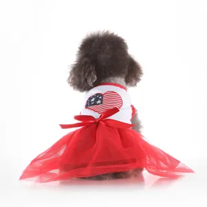 Detailed view of the cute pet dress back featuring a patriotic heart design and red mesh tutu.