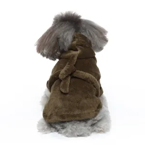 Rear view showing the soft texture of a plush brown pet bathrobe on a fluffy dog