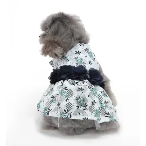 Vue détaillée de la robe pour chien en dentelle avec ceinture de fleurs bleues et jupe en tulle.