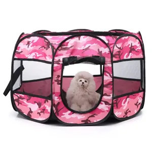 Foldable pink camo pet playpen octagonal dog tent with breathable mesh and zippered door.