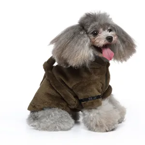 Soft brown plush pet bathrobe modeled by a small gray poodle on a clean white background