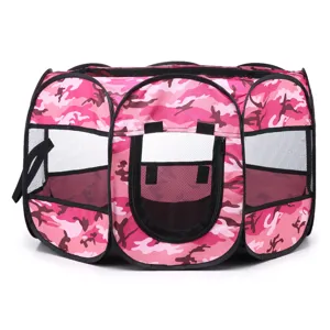 Pink camouflage foldable pet playpen octagonal breathable mesh tent for small dogs and cats outdoor