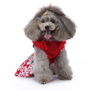Gros plan détaillé sur la jolie robe pour animaux rouge à fleurs avec de doux volants.