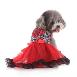 Pet Dog Summer Dress Cute Heart Print Bowknot Princess Dress Breathable Mesh Tutu Skirt For Small Dogs Puppies Apparel