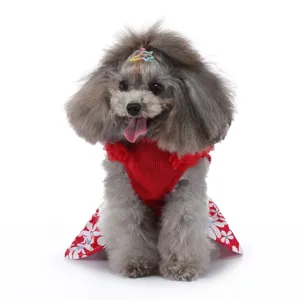 Vue détaillée de la jolie robe pour animal avec imprimé floral rouge et tissu d'été léger.