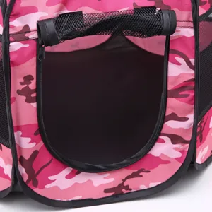 Foldable pink camo pet tent detail shot, breathable mesh door with zipper, ideal for small dogs and cats.