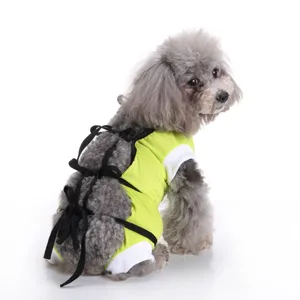 Detailed view of breathable green pet recovery suit for dogs with cute black strap ties.