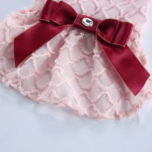 Détail de robe pour chien rose avec un élégant nœud bordeaux et un strass scintillant.