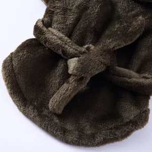 Detailed close-up showing the soft texture of a plush brown pet bathrobe with tie
