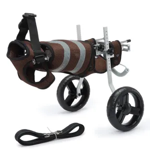Adjustable brown mesh dog wheelchair for disabled small pets with leash accessory