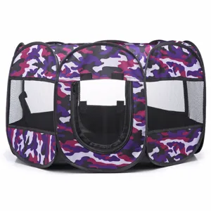 Foldable purple camouflage pet playpen with breathable mesh windows for dogs and cats.