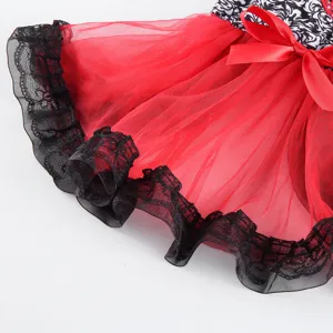 Red black pet dog summer dress detail view, mesh lace bow princess costume for cute small pets.