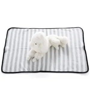 Soft striped pet blanket and mat detail view, cozy fleece material for dogs and cats resting.