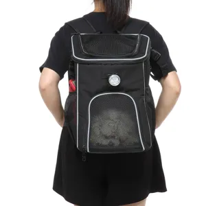 Zaino ergonomico porta animali nero con ventilazione a rete e strisce riflettenti