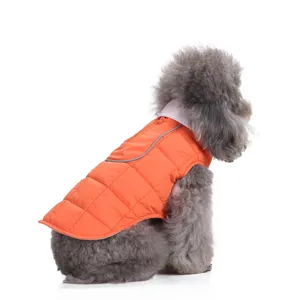 Orange quilted dog winter jacket with reflective strip and zipper closure for warmth
