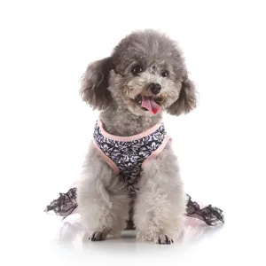 Cute summer pet dress with black lace trim and pink edges for small dogs, stylish detail view.