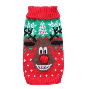 Joli pull de Noël pour animal de compagnie avec motif renne tricoté et nez pompon rouge 3D.