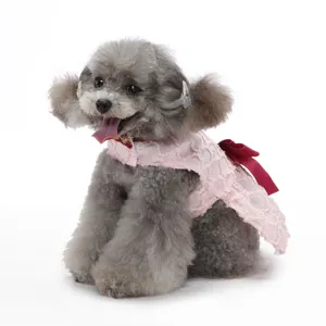 Détail de robe pour chien, affichant le joli tulle rose et le nœud rouge élégant.