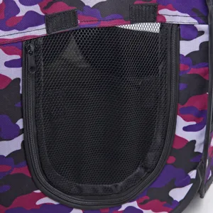 Close-up of purple camouflage pet tent mesh door, breathable zipper design, sturdy pet playpen.