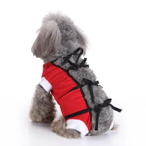 Details of dog surgery recovery suit, breathable red pet care clothing with cute black back ribbons.
