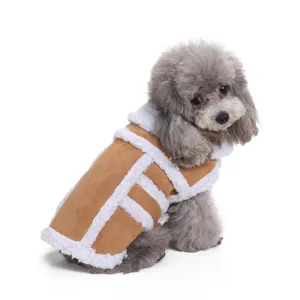 Warm brown suede pet winter jacket with white fleece lining for small dogs and puppies