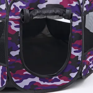 Foldable purple camo pet tent detail view, portable puppy playpen with breathable mesh windows.