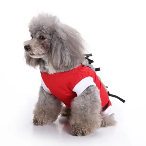 Detail view of the pet surgery recovery suit with red and white fabric and black straps.