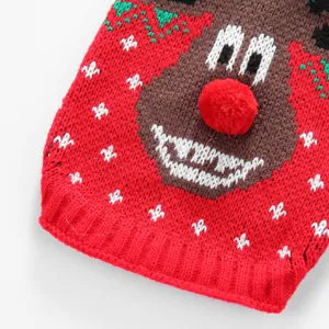 Gros plan détaillé d'un pull de Noël tricoté pour animal avec un visage de renne et un nez pompon.