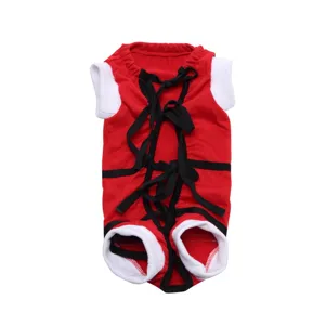 Red white pet surgery recovery suit for dogs with adjustable black straps, breathable.