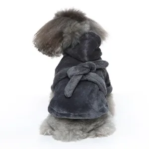 Detailed view of plush gray hooded pet bathrobe with soft texture and tie-waist design
