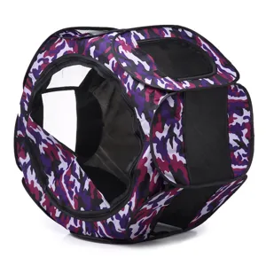 Foldable purple camouflage pet tent with breathable mesh windows for outdoor camping.