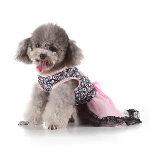 Cute summer pet dog dress with floral print and pink lace tutu skirt for small dogs.