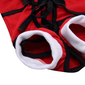 Pet surgical suit dog post-operative recovery clothing with soft red fabric and black straps.