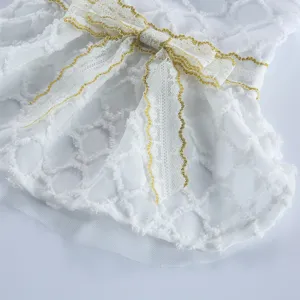 Robe de chien en dentelle blanche avec nœud doré et tulle. Idéal pour mariage et fête.