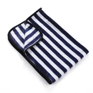 Blue white striped pet blanket detail, soft double-sided fleece material with black binding edge.
