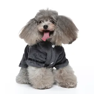 Soft gray plush pet bathrobe for small dogs and cats, cozy luxury home spa wear.