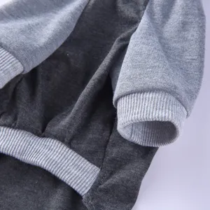 Nahaufnahme von Haustier Hundekleidung, grauer Pullover Stoff und Rippbündchen Design.