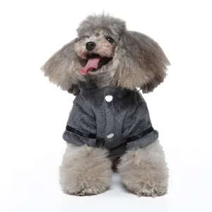 Soft grey plush pet bathrobe and sleepwear with white buttons for small dogs and cats